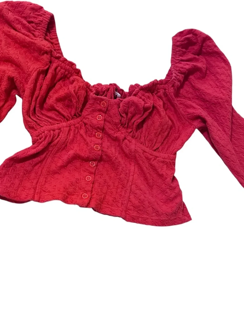 Free People Red Button-Front Sweetheart Long-Sleeve Crop Top